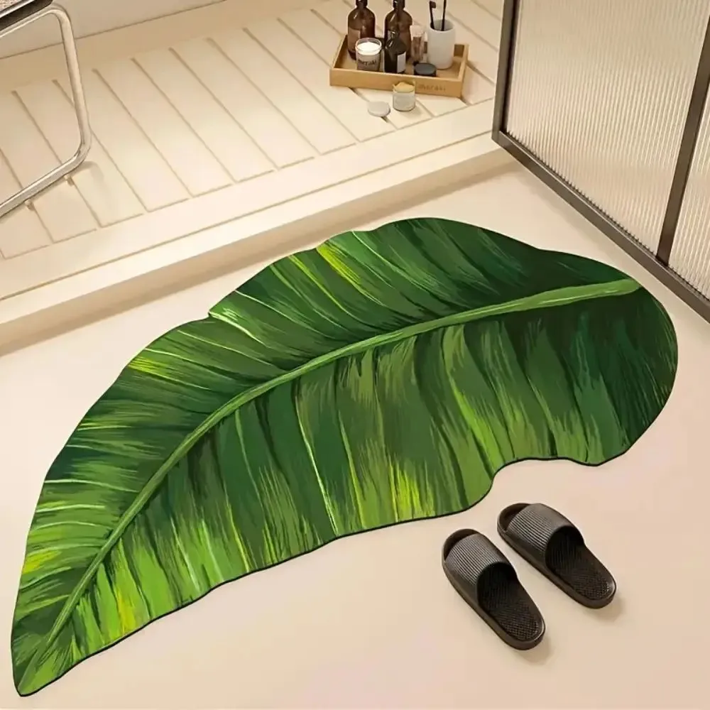 VIKAMA Bathroom Carpet, Anti-Slip, Quick-Drying, Water-Absorbing Green Leaf Shower Blanket, Simple And Fresh Home Decoration view 3