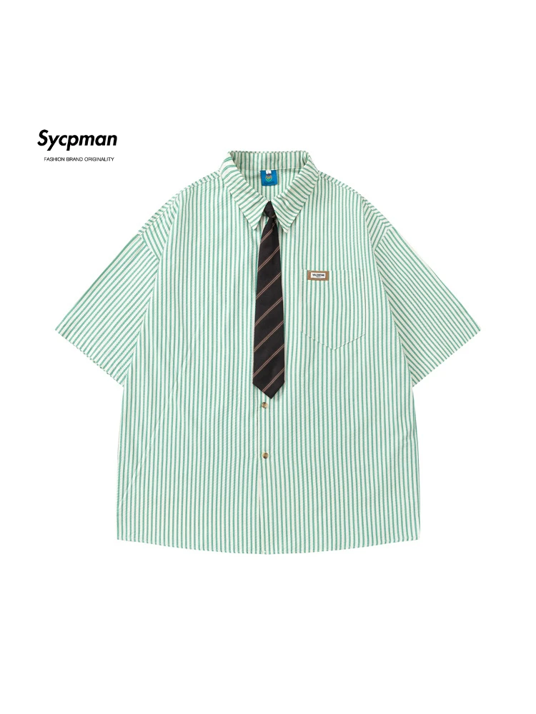 

Sycpman Summer Retro Contrast Stripe Short Sleeve Shirts for Men and Women Fashion JK Academy Style Couple Loose Casual Shirt