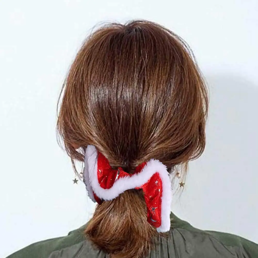 Velvet Plush Christmas Hair Rope Snow Ponytail Holder New Year Hair Scrunchies Glitter Red& White Women Hair Ring