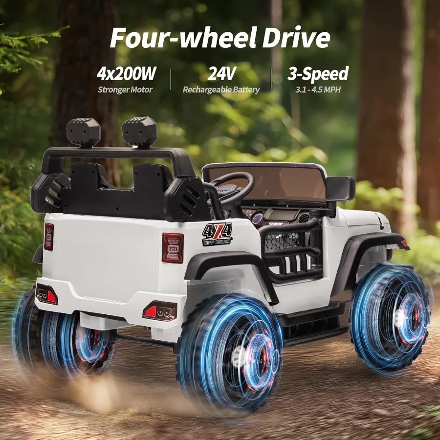 2인승 전동 자동차 장난감 24V 4륜구동 전기차 (4-8세용) 리모컨 포함 4x200W 모터, 최대 하중 150파운드 - 화이트