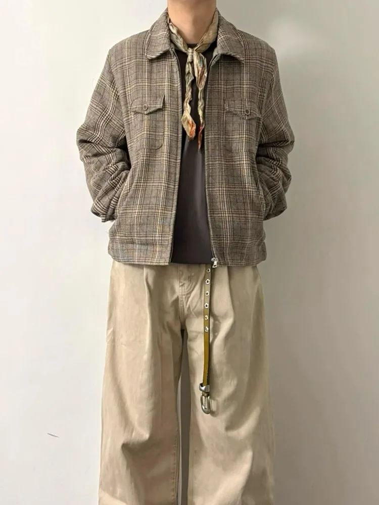 

Retro American Rabbit Fur Plaid Jaet Men's Autumn Winter Fce Lined Workwear Coat Warm Loose Fit Youth Faion Polyester ...
