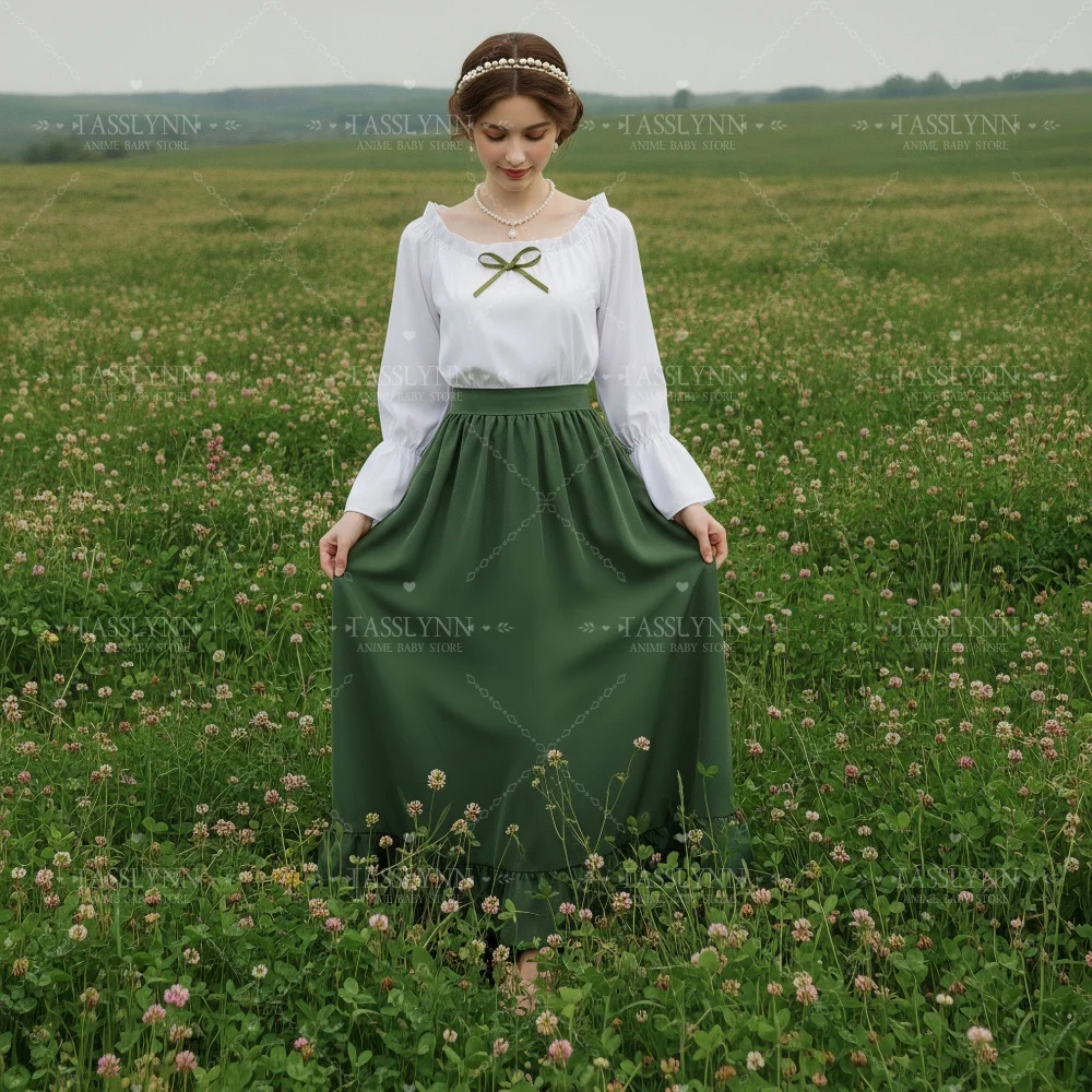 Women European Renaissance Peasant Outfit, Flare Sleeve Frill Hem Maxi Skirt Cottagecore Daily Cosplay Costume
