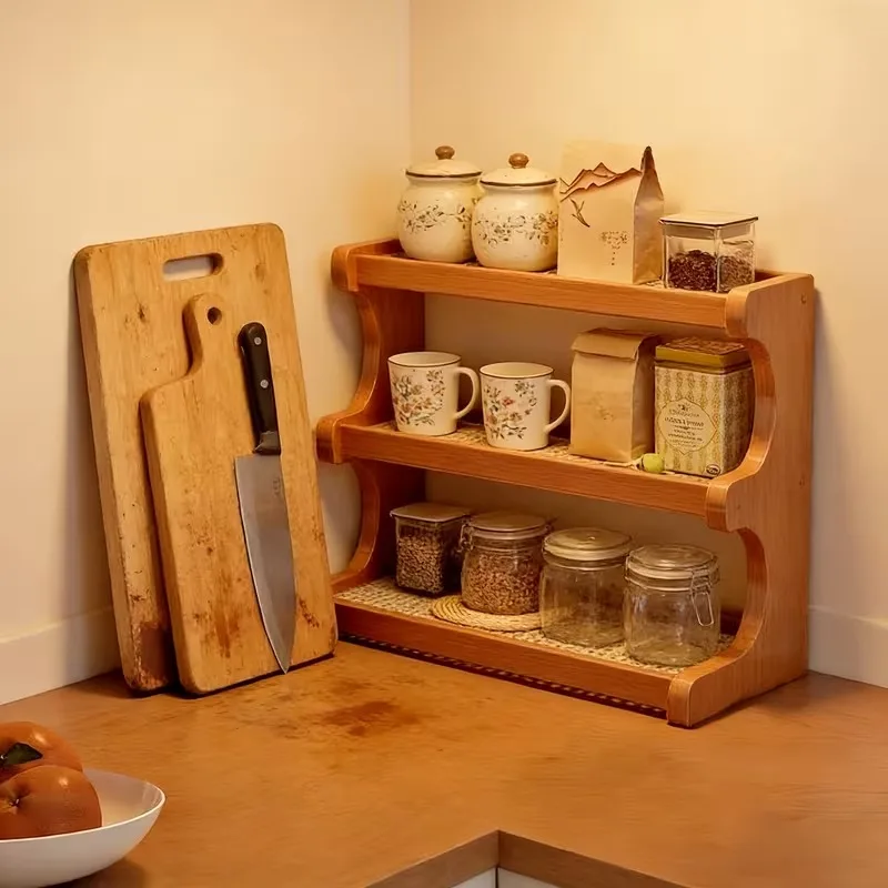 Wooden Storage Rack — Multi-Tiered Spice Shelf, Kitchen Countertop Tiered Organizer, Multi-Functional Condiment Jar Holder