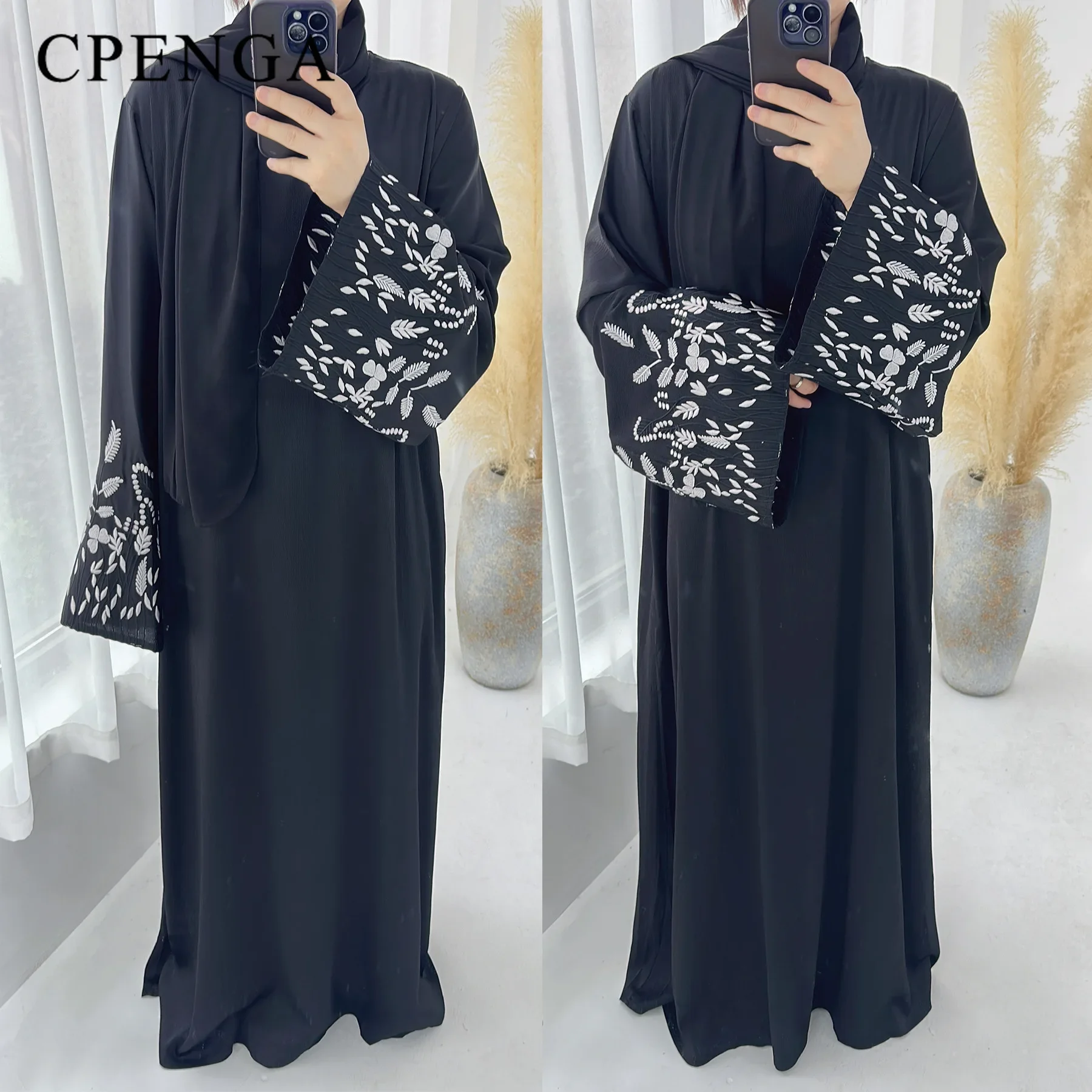 

2024 Embroidery Kimono Muslim Robe Syari Female Full Length Muslim Outerwear caftan Black Abaya Saudi Arabia dress for women