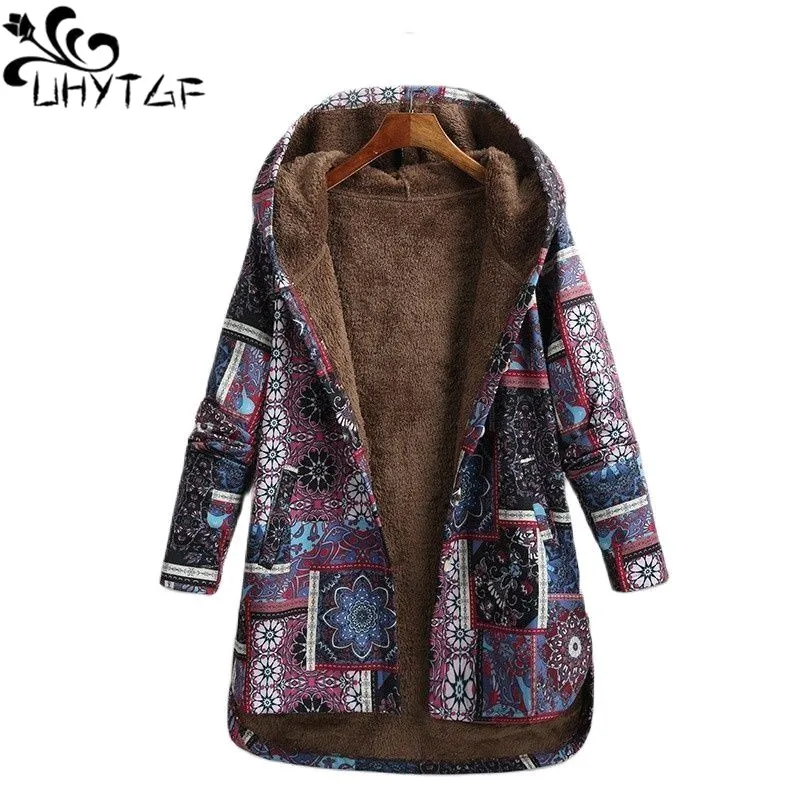 

UHYTGF Hoodie Jacket Women Vintage Floral Print Plush Warm Autumn Coat Female Single Breasted Casual 5XL Large Size Outewear 406