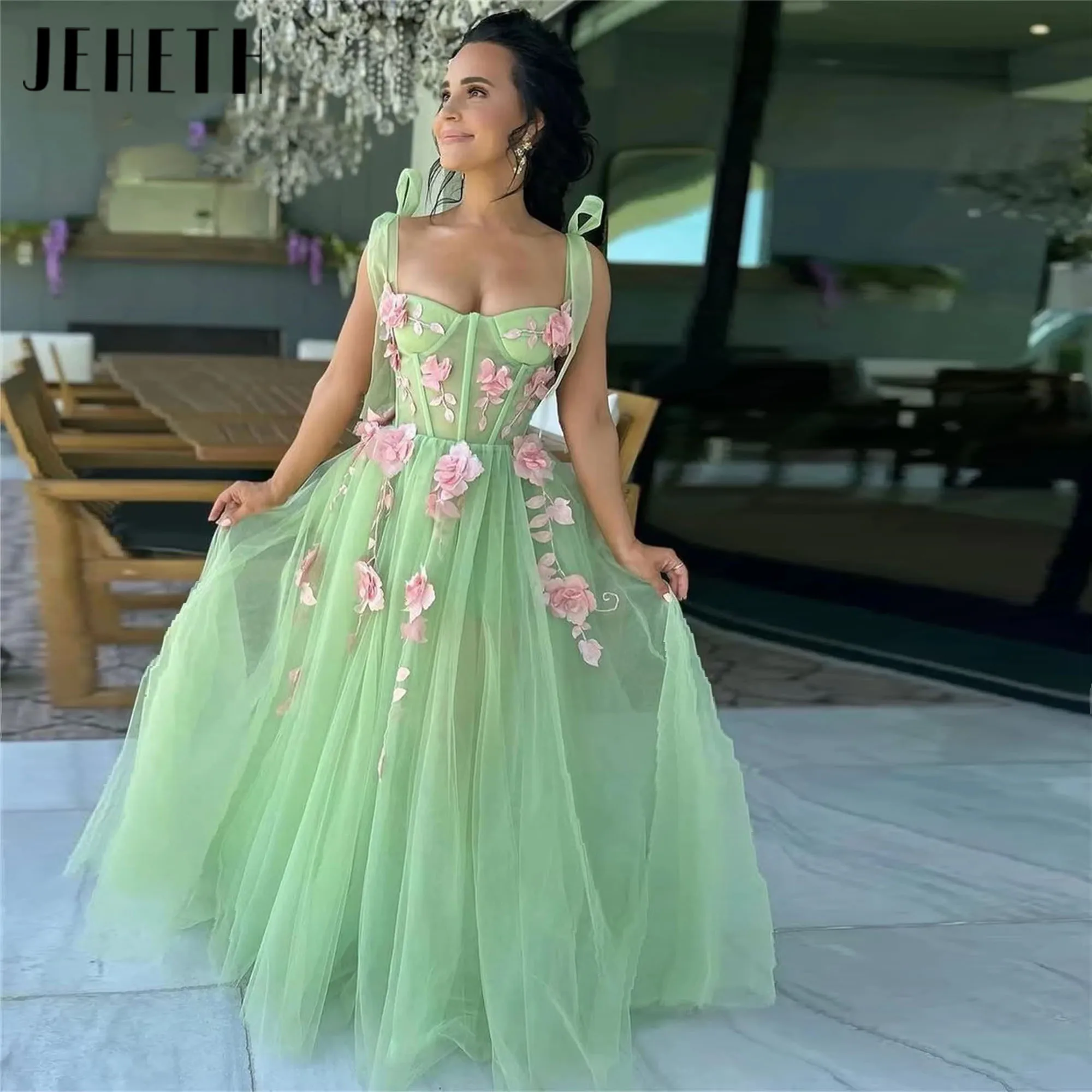 

Sweetheart 3D Floral Bow Spaghetti Strap Prom Dress Elegant Sleeveless Floor-Length Party Dress for Special Occasions Customized