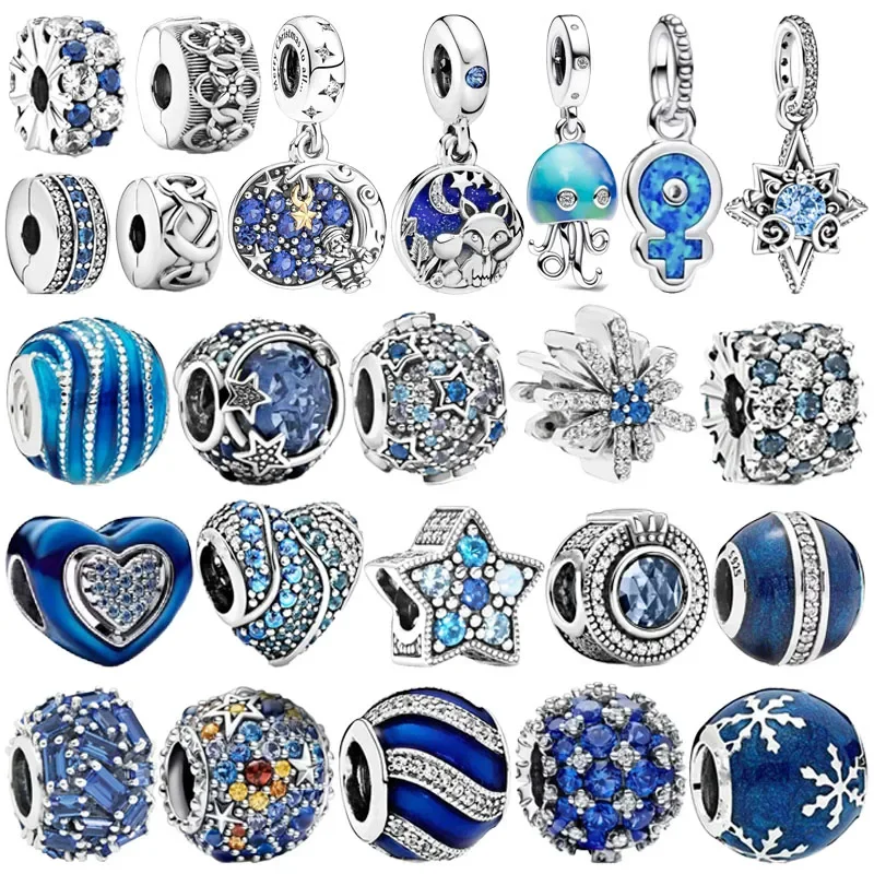 

Original 925 Sterling Silver Blue Snowflake Star Heart Moon Jellyfish Charms Beads for Pandora DIY Bracelet Women Jewellery Gift