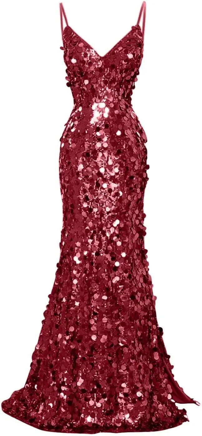 Women's Sequin Mermaid Prom Dress 2026 Spaghtti Straps Formal Dress with Slit Long Sparkly Ball Gown
