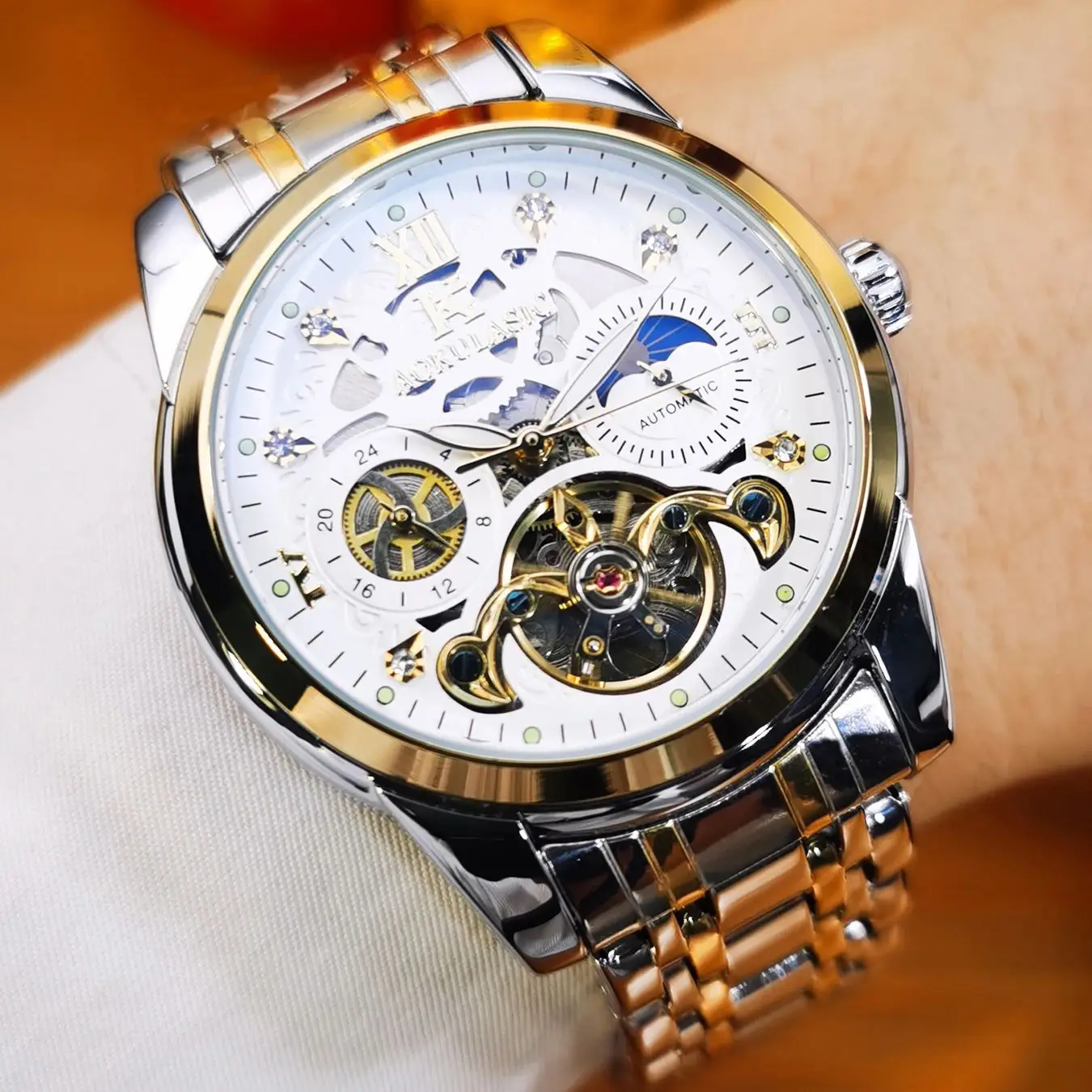 

AOKULASIC Tourbillon Skeleton Механические часы для мужчин Светящиеся стрелки Ремешок из нержавеющей стали Элитный бренд Автоматические мужские часы