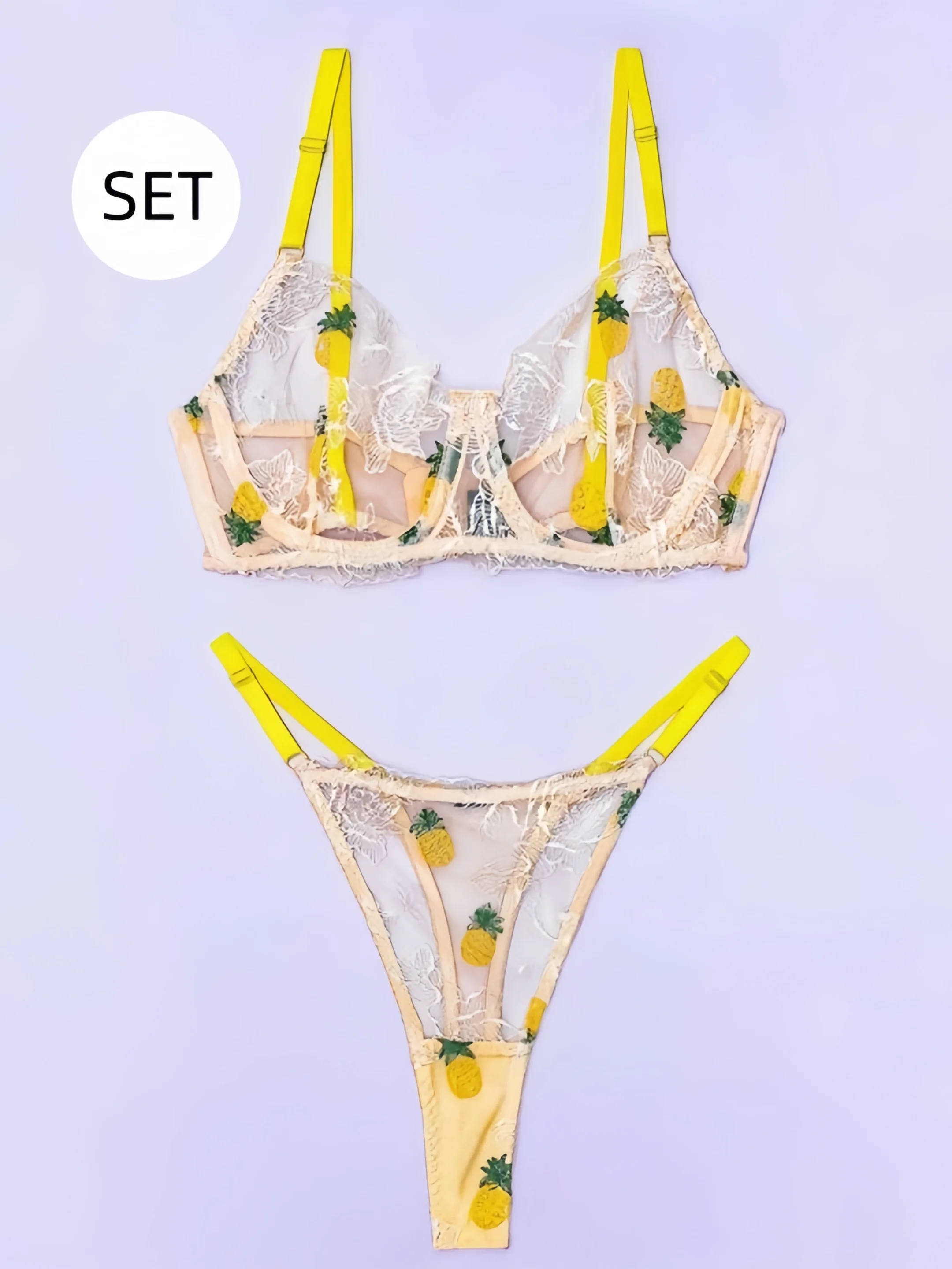 

Комплект сексуального нижнего белья из 2 предметов, желтый комплект с вышивкой в ​​виде ананаса, прозрачное кружево, регулируемые бретельки во французском стиле, бюстгальтер и трусики-стринги для женщин и девочек