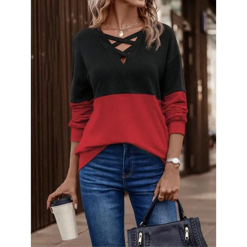 Plus Size 1XL-5XL New Women’s Fashion Asymmetrical Neck Fashionable and Minimalist Colorblock Cross Front Drop Shoulder Top image 3