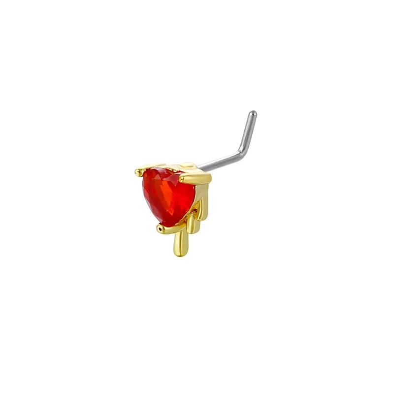 L Bend Stainless Steel Nose Piercing Jewelry Red Heart Nose Rings for Women Cubic Zirconia CZ Wig Nose Stud Rings Body Jewelry