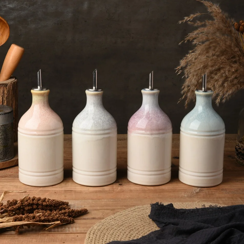 Home Kitchen Ceramic Seasoning Jar Olive Oil Dispenser Large Capacity Leakproof Vinegar Oil Seasoning Bottle with Label Stickers