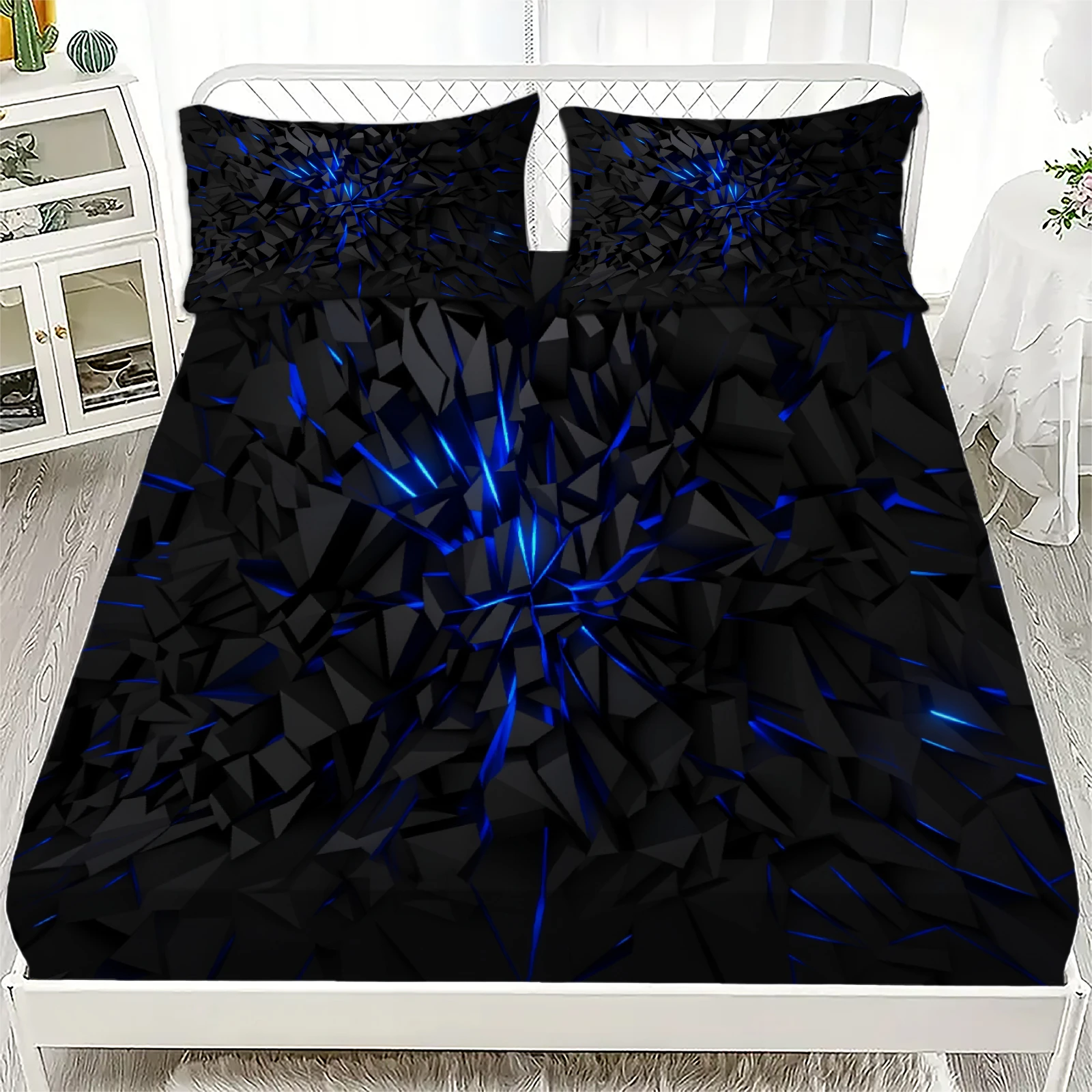 

3pcs Blue And Black Fitted Sheet Cracks Printed Flat Sheet With Pillowcases For Teen Boys Cool Room Decor Vivid Visual Style