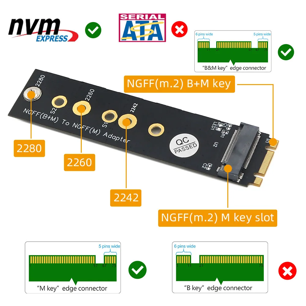 New Version M.2 (NGFF) Key B+M to Key M Adapter for PCI-E Bus SSD Supports 2242/2260/2280 type