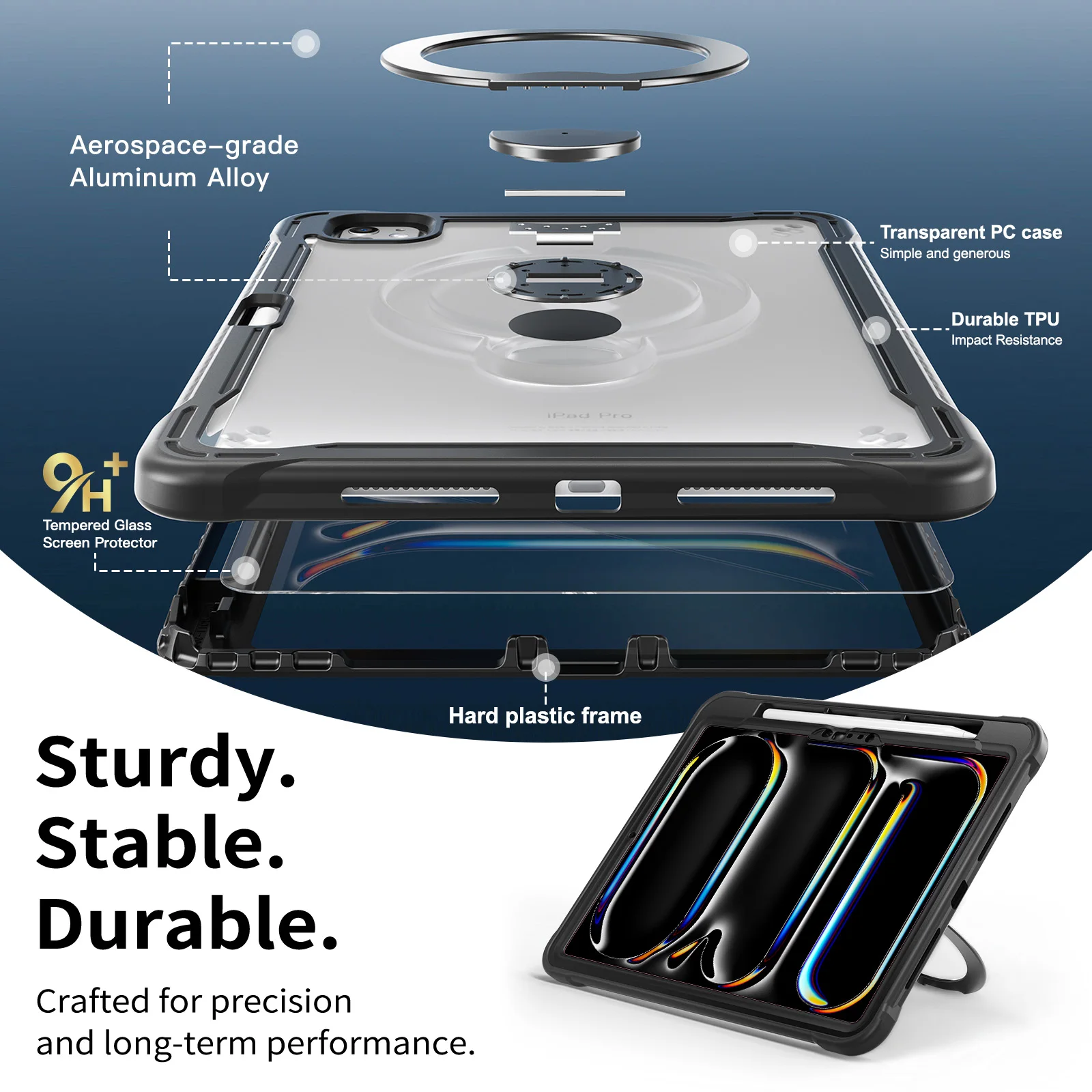 Clear Cover With Built-in Tempered Glass Screen Protector For iPad Air Pro 11 4 5 2026 2025 2024 2018-2022 Rotating Stand Case