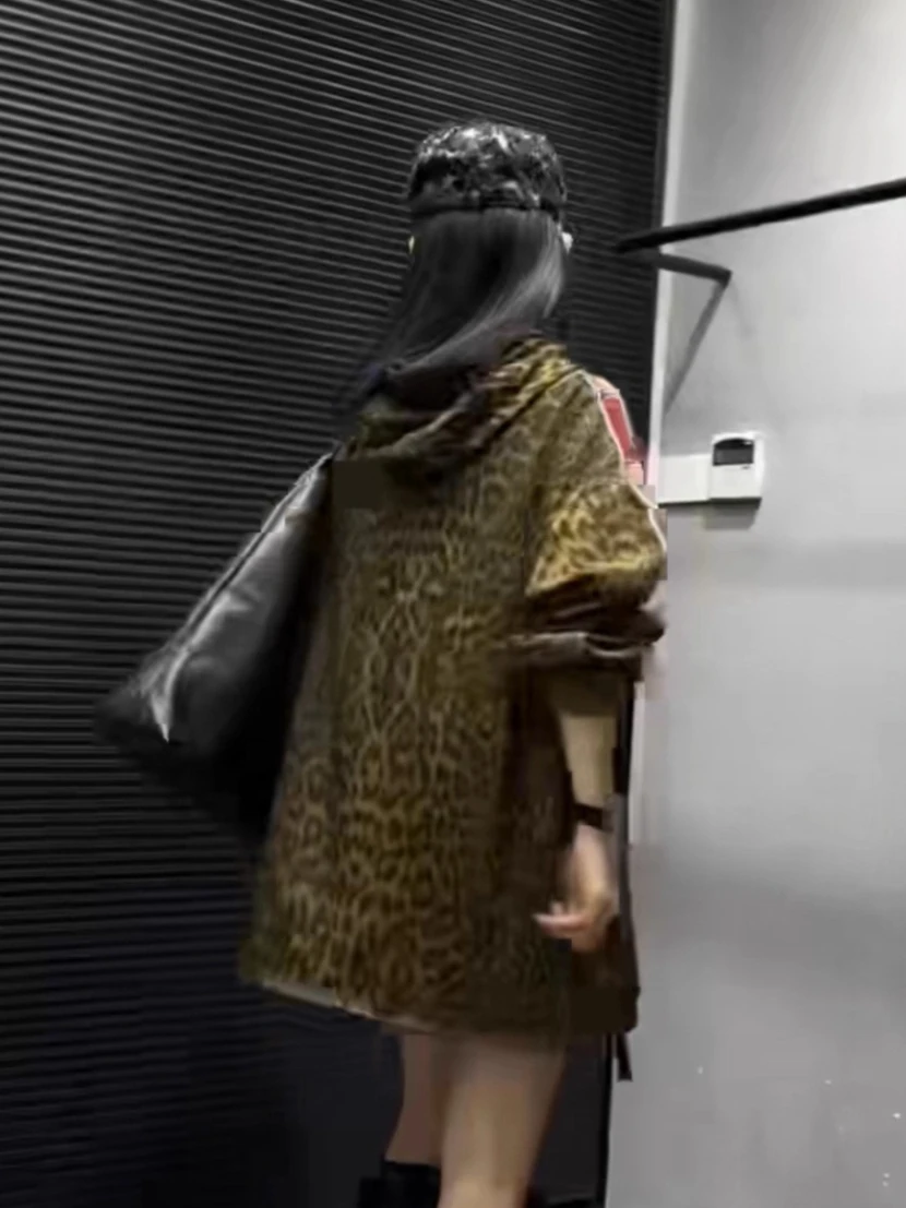 European Style Women's Sweatshirt 2025 Autumn New Cartoon Pattern Patchwork Leopard Print Ripped Loose Long Sleeve Tops