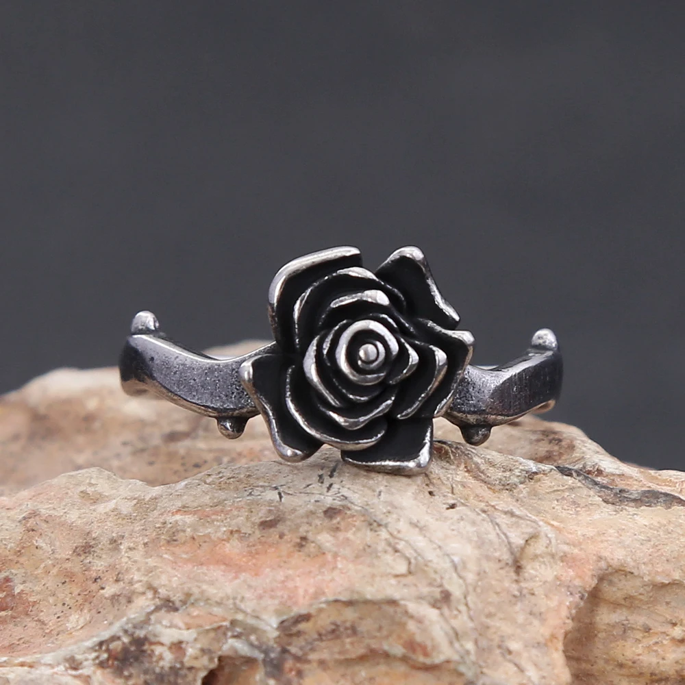 Simple Vintage 316L Stainless Steel Rose Flower Rings For Women Fashion Trend Black Rose Ring Party Wedding Jewelry Dropshipping