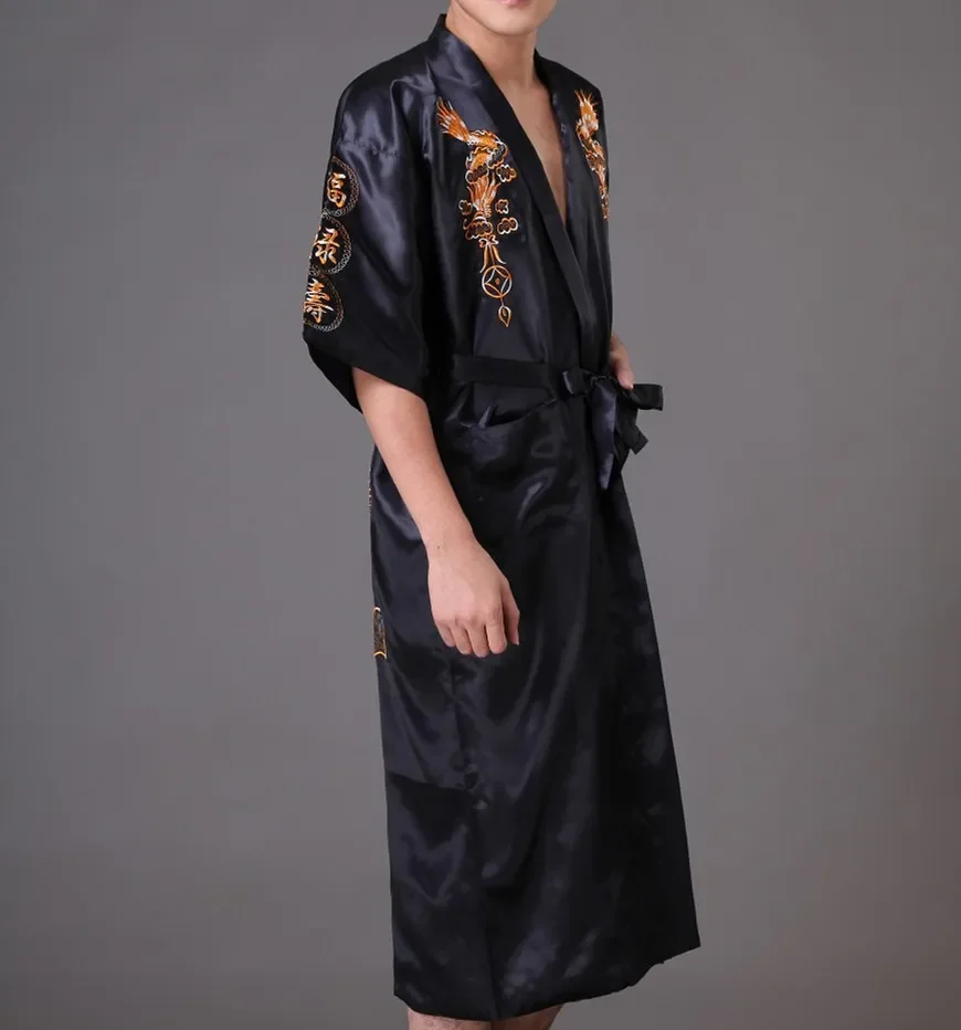 Blue Chinese Style Men Embroidery Robe Kimono V-Neck Cardigan Dressing Gown Lingerie Male Satin Sleepwear Bathrobe Hombre Pijama