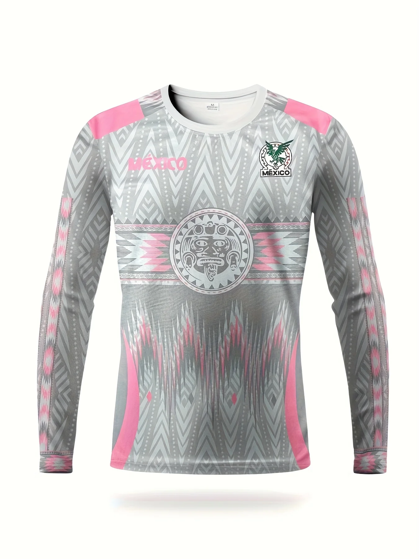 Mexican Aztec Men's Soccer Long-Sleeve Jersey Crew Neck Comfortable Sports Top for Competition, Training, Fitness, and Outdoors