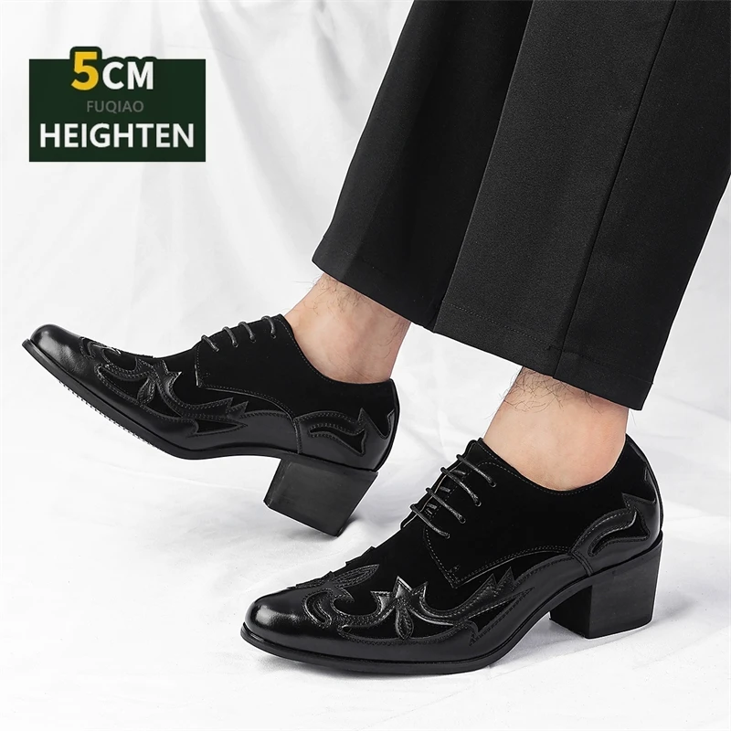 Men's 5cm High Heel Dress Shoes Fashion Embroidery Oxfords for Party Wedding Elevator Business Casual Shoes for Dancing Prom