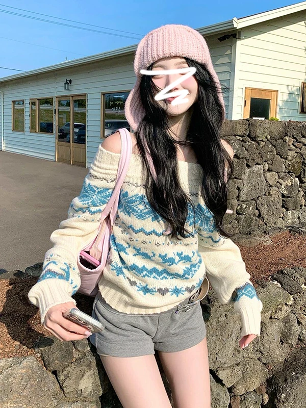 

Осень 2022, новый остров, белый вязаный свитер на одно плечо, женский топ с ленивым дизайном, длинное пальто на голову Sve