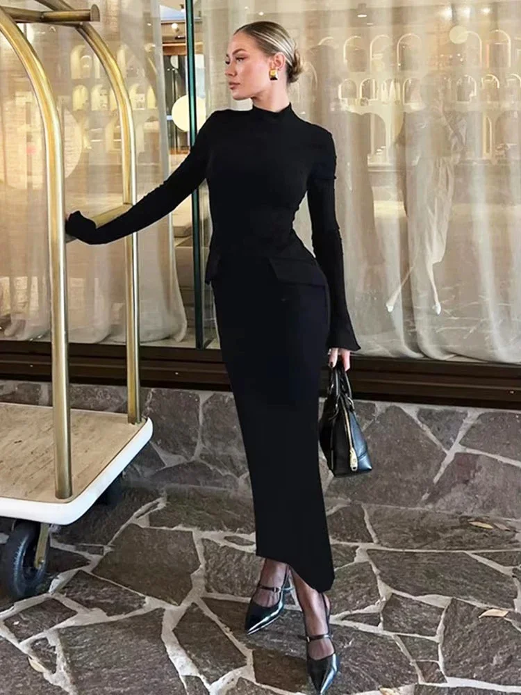 

TARUXY Half Turtleneck Long Sleeves Maxi Dress Fashion Office Lady Clothing Back Slit Gown Dress Female Solid Streetwear Autumn