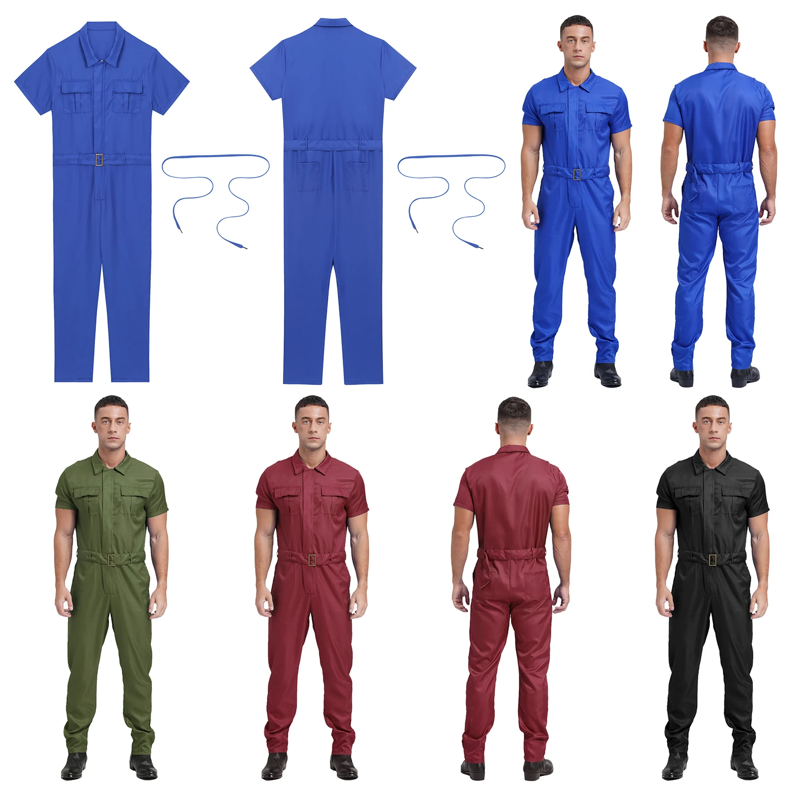 Men\'s Dungarees Wear Resistant Coverall with Belt Short Sleeve Front Zipper Multiple Pockets Overalls Jumpsuit