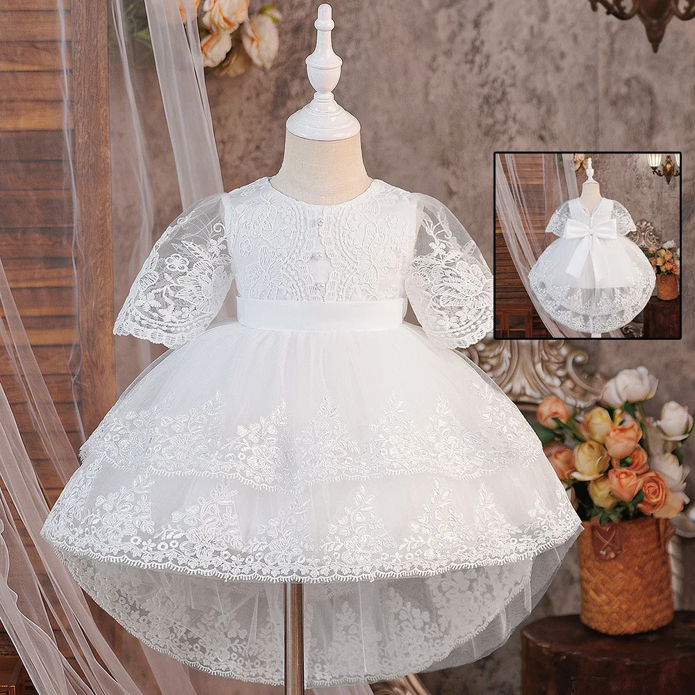 New Toddler Girls Birthday Gown, Lace Trim Bow Decor Hi-Lo Hem Tulle Princess Dress For Little Girls for