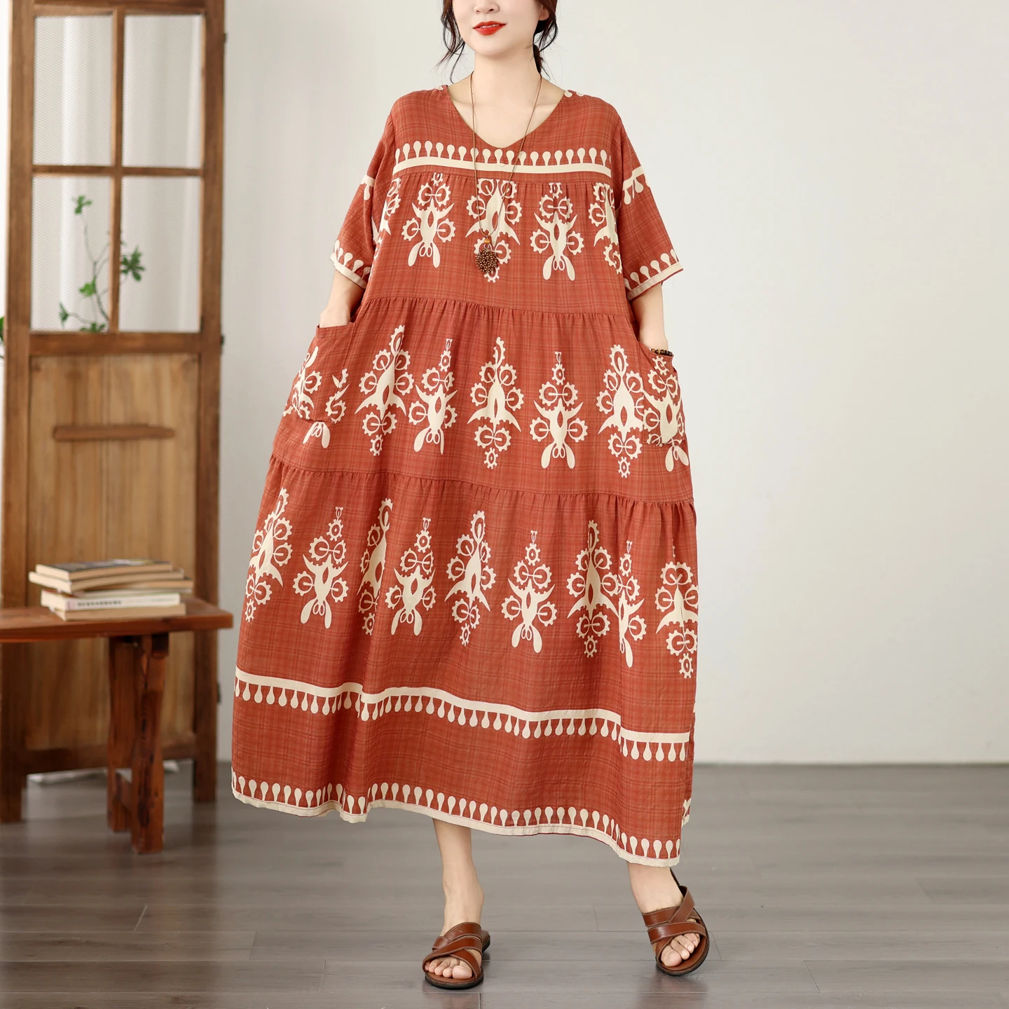 

Summer Floral Print Loose Maternity Dress Women's A-Line Long Skirt Cotton Casual Citywalk High Waist Short Sleeve V-Neck