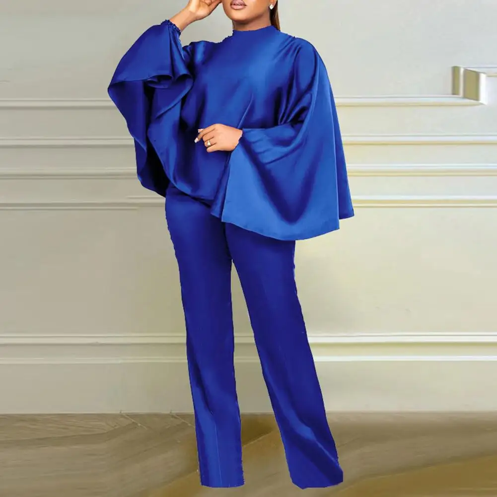 Women Faux Satin Outfit Elegant Satin Two-piece Set for Women Loose Batwing Sleeves Top High Waist Wide Leg Pants Outfit Solid