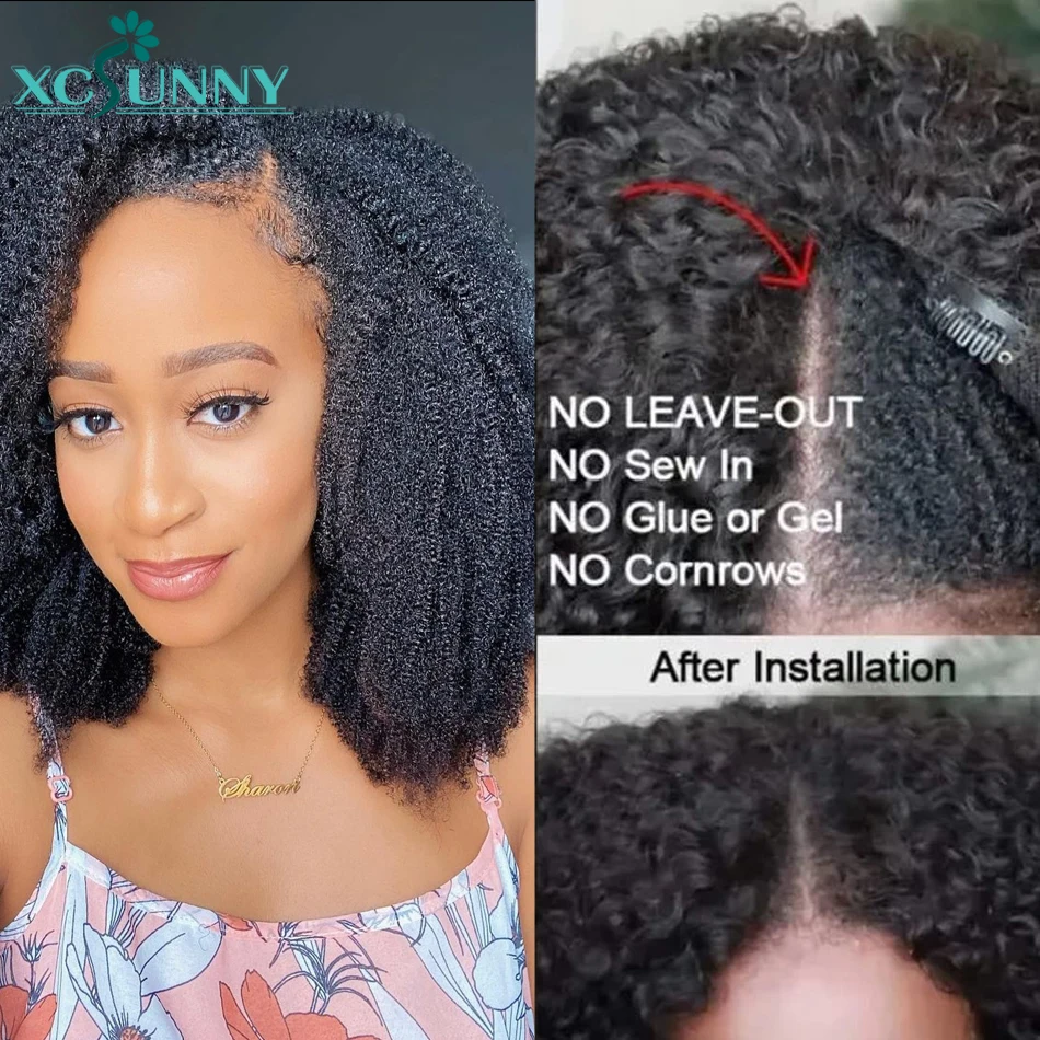 Peluca de cabello humano Afro rizado con parte en V, sin pegamento, con tu propia línea de pelo, actualización de parte en U, libre de instalar, Vpart brasileño