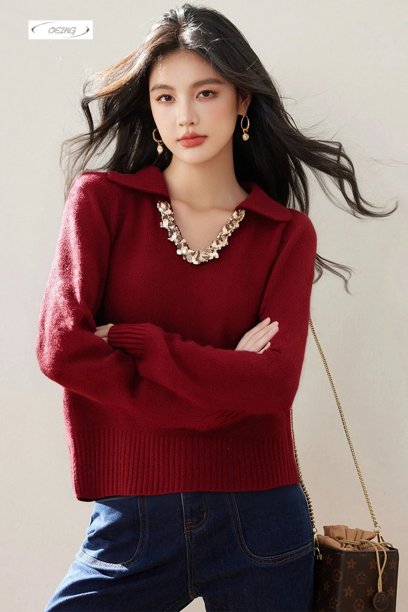 

Red V-neck Sequins Knitwear Women Sweater Autumn Winter Korean Style Elegant Sweet Loose Thick Knitted Pullover Tops Girl 3942