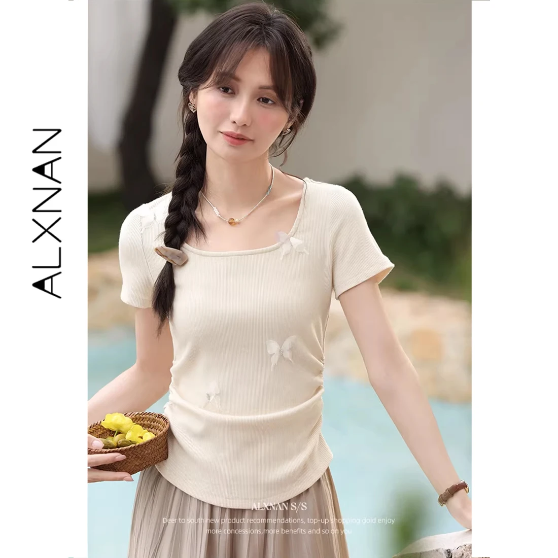 ALXNAN Women's Apricot T-shirt Summer Square Collar Short Sleeve Top 3D Butterfly Design Slim Fit Elegant Female Tees VL53956