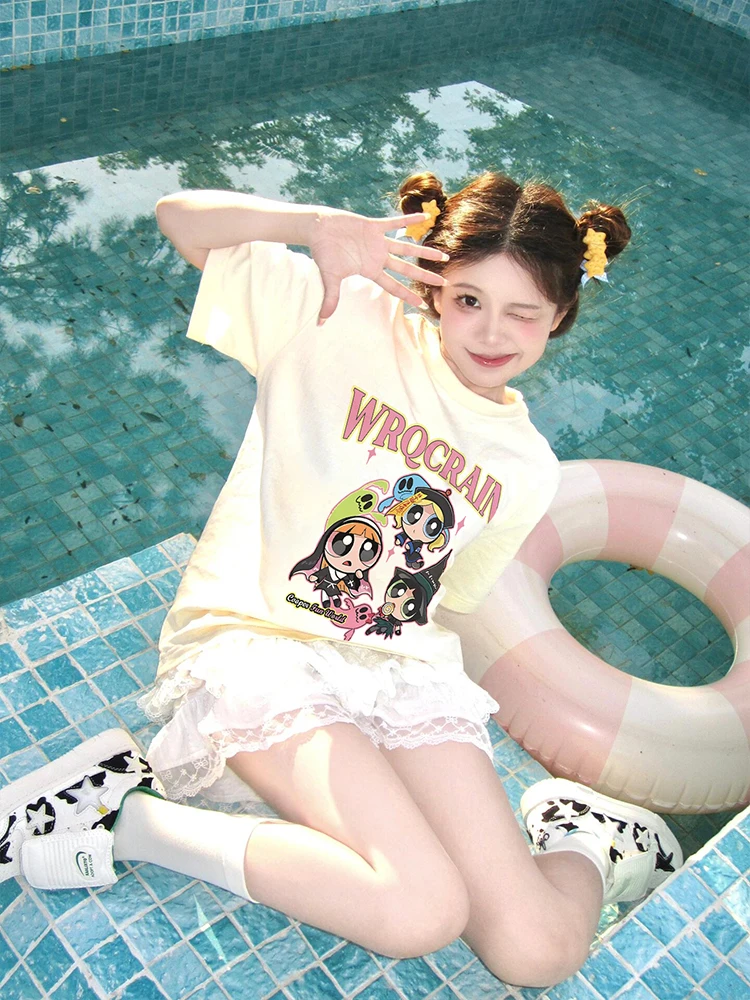 

loween Theme Flng Girl Police ort Sve T-irt Women's Summer New Loose Casual Pure Cotton f Sve Top Trendy