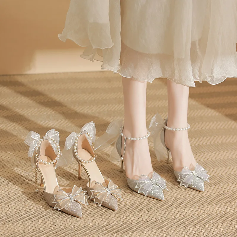 Woman Fairy Style Wedding Shoes Spring Elegant Silver Sequin Pointed Toe Party Pumps Bow Bride Thick Heel Single Shoes