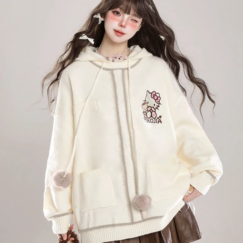 Olá kitty kawaii casaco sanrio menina camisola primavera outono nova moda com capuz doce moletom solto e confortável lazer deslocamento