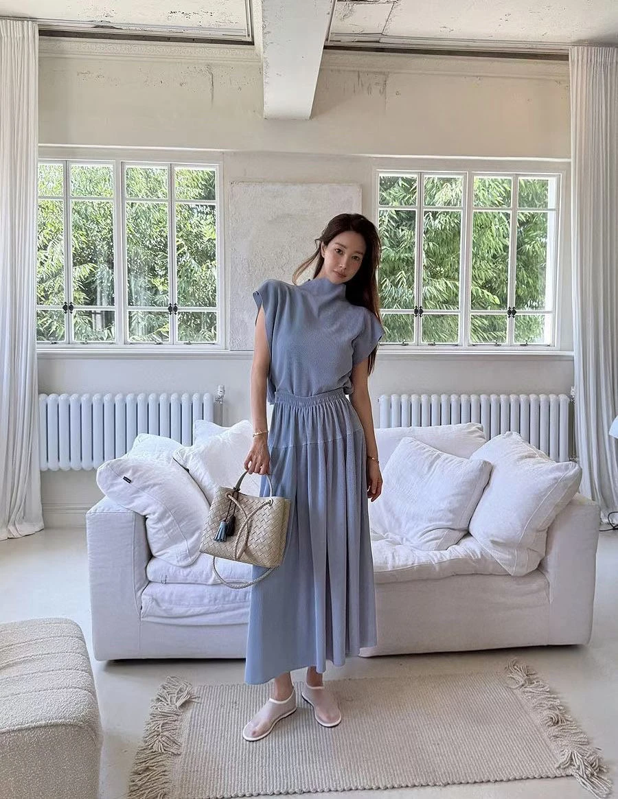 

Женский модный комплект Dongda Gate, свободная полудлинная юбка с высокой талией, футболка со сложенной талией Ele Sle