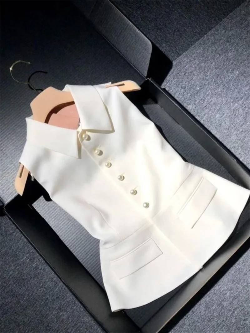 

Новая элитная летняя блузка без рукавов, женская офисная женская блузка с жемчугом и пуговицами, повседневный жилет с тонкой талией, однотонная рубашка