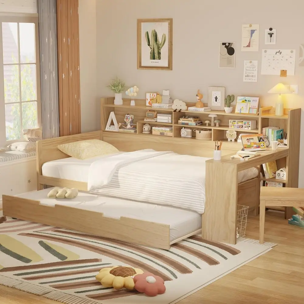 

Twin Daybed with Trundle and Bookcase, Solid Wood Bed with Desk and Storage for Kids, Teens, and Adults, Natural