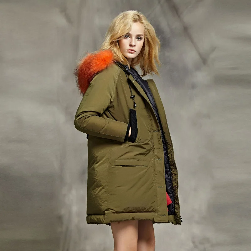 

Women Down Coats Raccoon Fur Collar Mid-length Winter Korean Casual White Goose Down Jacket Cotton Tooling Style Cargo Clothing