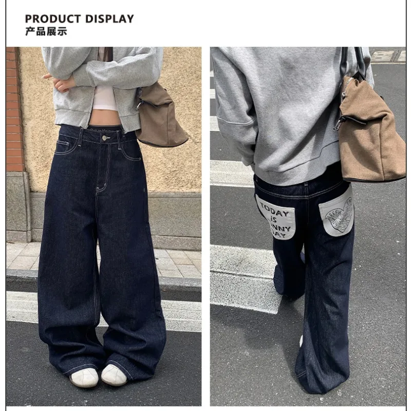 Women Raw Dark Denim Jeans 2026 Autumn Winter White Print Back Pockets Non Fade Straight Leg American Streetwear Y2K