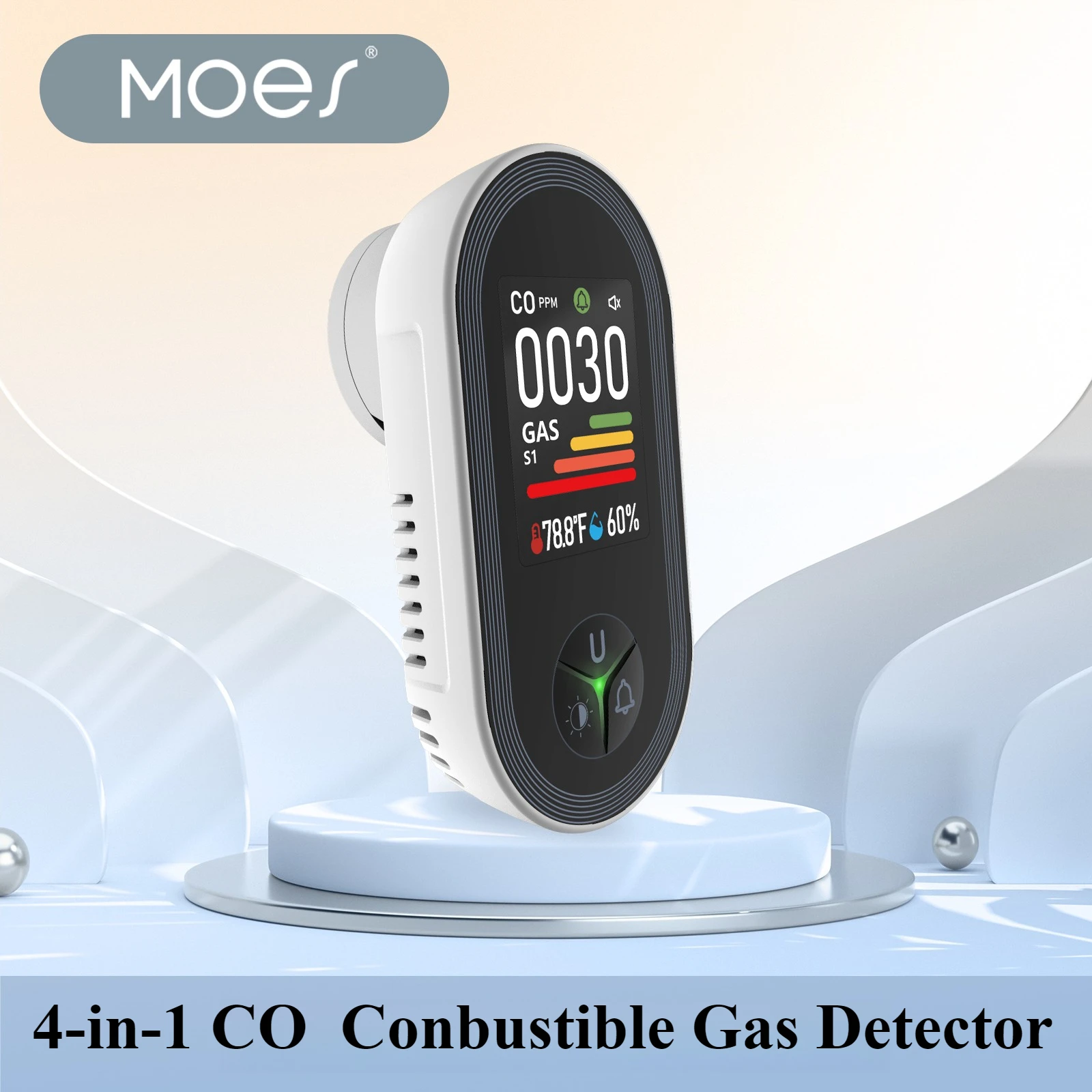 

MOES Carbon Monoxide Conbustible Gas Detector Plug-in 4-in-1 Display with Temperature Humidity Sensor Built-in Monitor Alarm