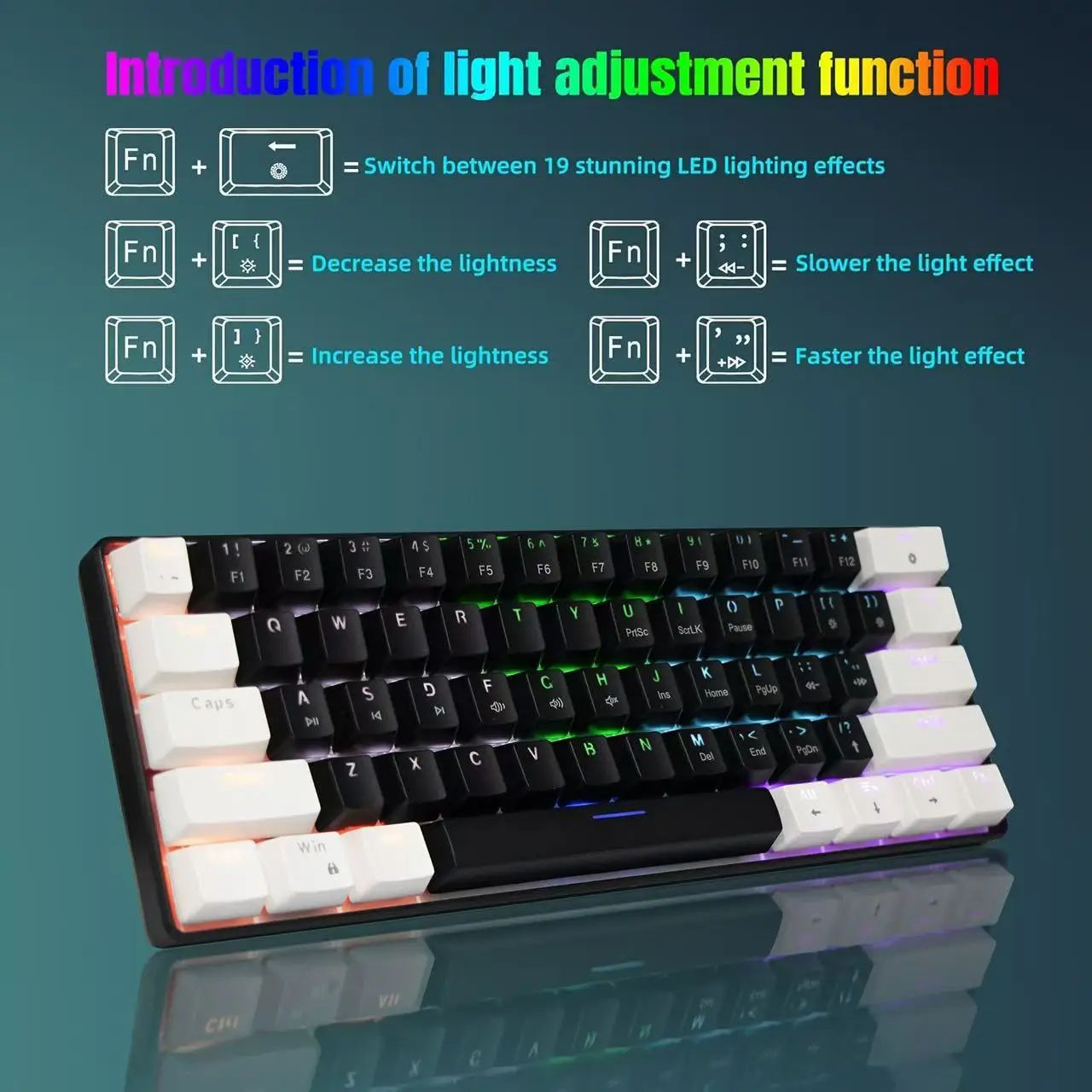 60% 61 Keys Wired Mechanical Keyboard RGB Backlit Black-White PBT Keycaps Ultra-Compact Gaming Keyboard for PC Laptop Gamers Off