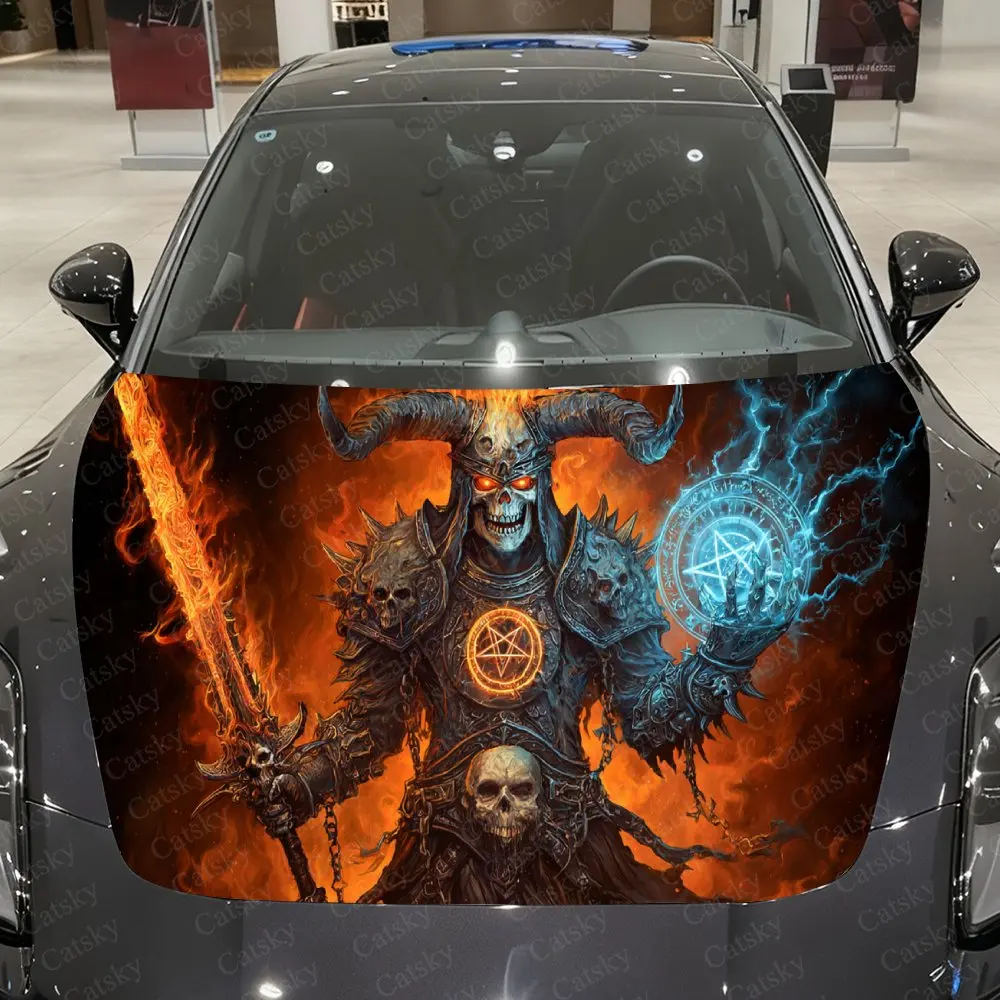 

Flame Sword & Ice Orb Necro Warrior Car Vinyl Wrap, PVC Waterproof Car Hood Sticker, Self-Adhesive Scratch-Resistant Stickers