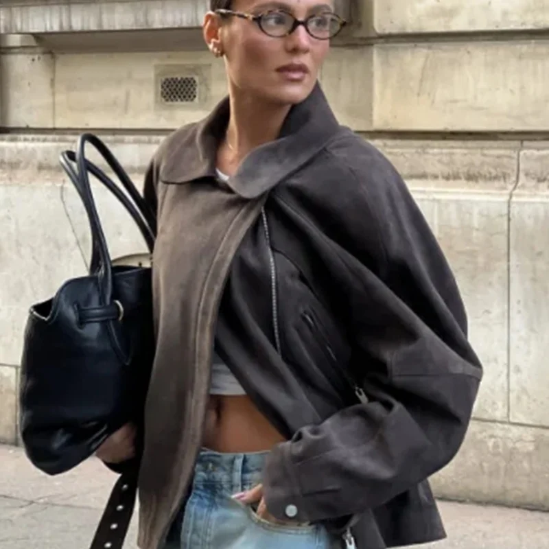 

Spring Summer New Women's Loose Collar Long Sve Suede ort Jaet Coat with Belt Motorcycle Sle Commute Sle