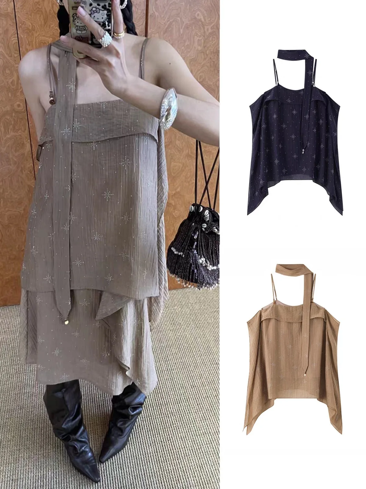Novo Top Cropped Feminino Vena Heavy Drill com Faixa, Caimento Solto, Cor Pura, Casual e Versátil, Decorado com Diamantes, pa...