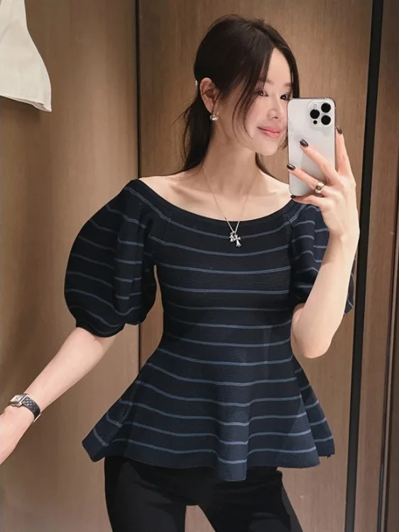 

Korean Style Bubble Sleeve Knitted Top Women's Slim Fit Shoulder Bared Pure Desire Waist Cinched Summer New Arrival