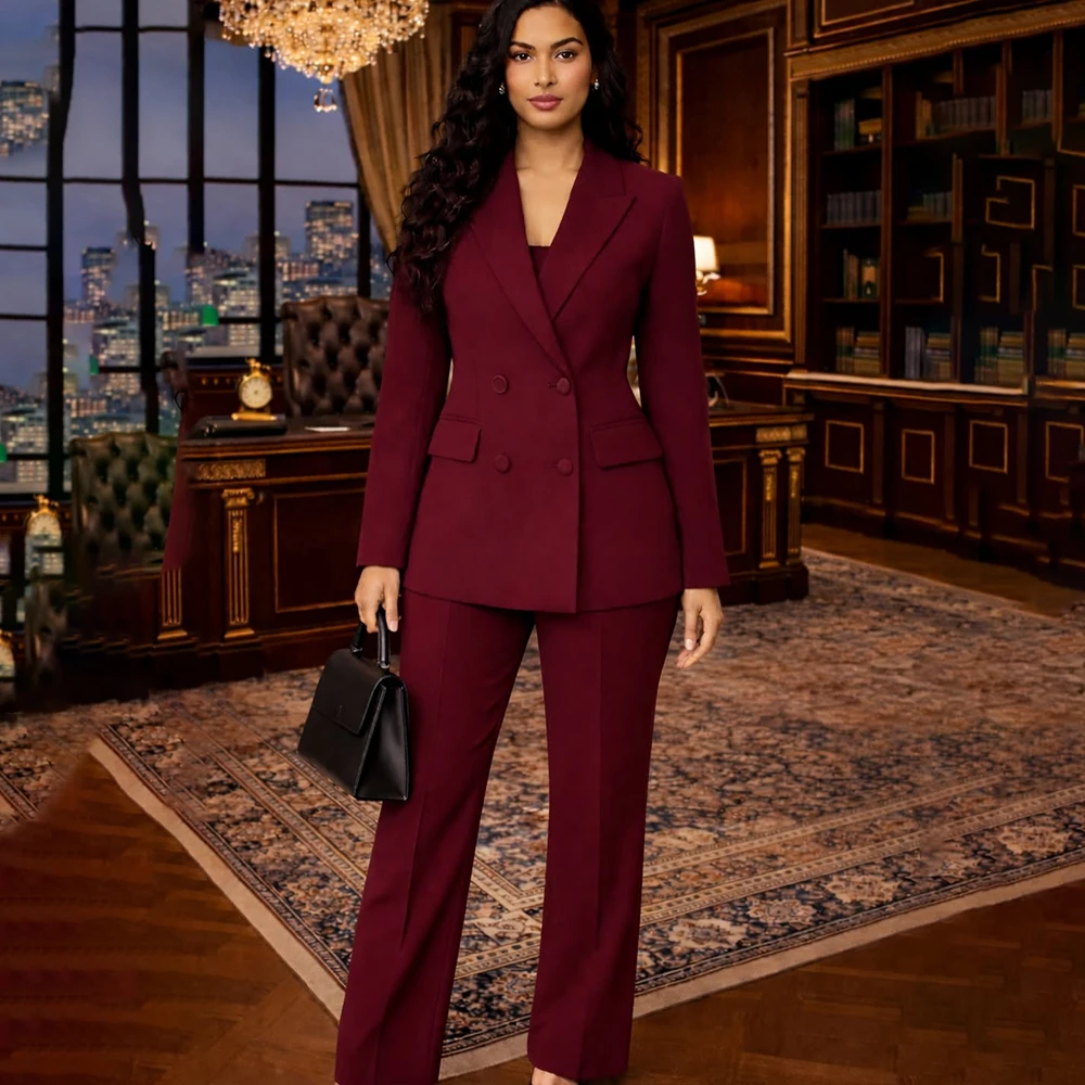 

Burgundy Women's Suits Fashion Double Breasted Blazer High Quality 2 Piece Jacket Pants Outfits Customzied Female Clothing