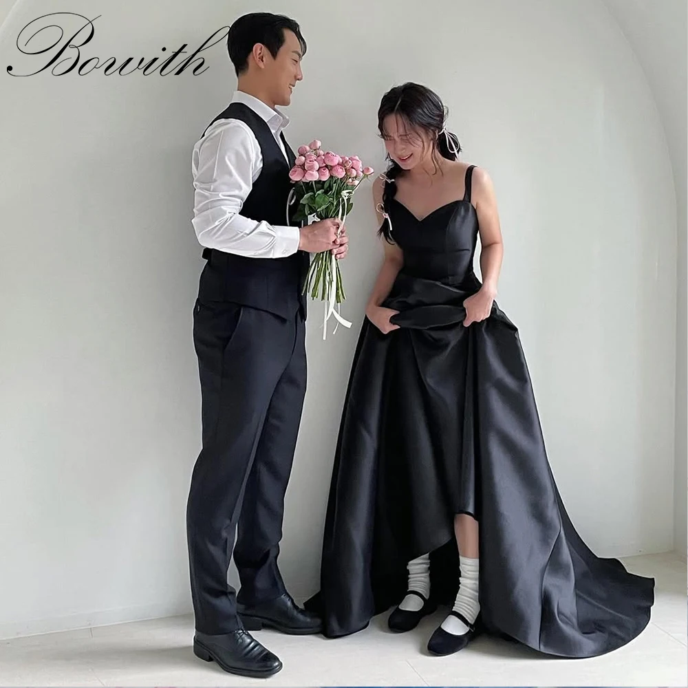 

Bowith Black Satin Korean Wedding Dresses A-line Customized Sweetheart Collar Shoulder Straps Bridal Gown Korean Evening Dresses
